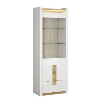 Helios - Vitrine 1 porte 2 tiroirs avec LED panneaux mdf blanc et bois