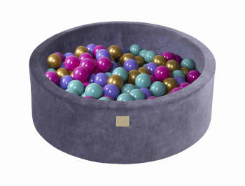 VELVET - Piscina terciopelo azul grisáceo bolas rosas y doradas Al. 30 cm
