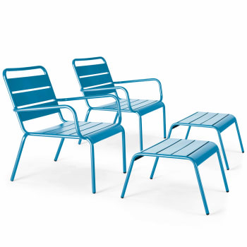 Palavas - Lot de 2 fauteuils relax avec repose-pieds en métal bleu pacific