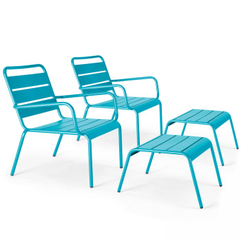Palavas - Lot de 2 fauteuils relax avec repose-pieds en métal bleu