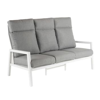 Sofá de 3 plazas de jardín de aluminio blanco con cojines grises