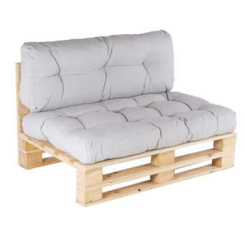 Sofá de palé y cojín de asiento y respaldo gris claro