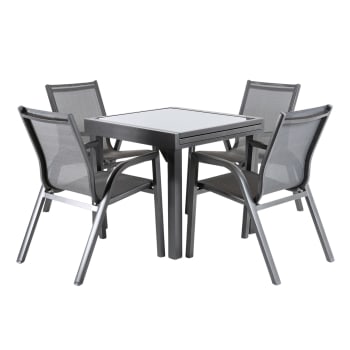 Conjunto 4 sillones apilables y mesa extensible de aluminio 80-160 cm