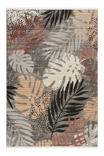 Florence - Tapis tissé plat thème feuillage à franges fond gris 80x150