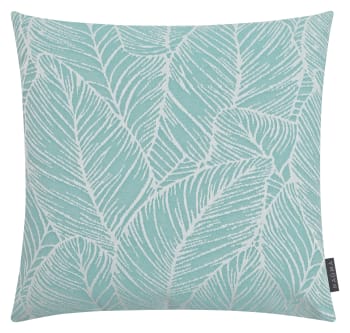 MADEIRA - Housse de coussin extérieur dralon motif végétal turquoise - 50x50