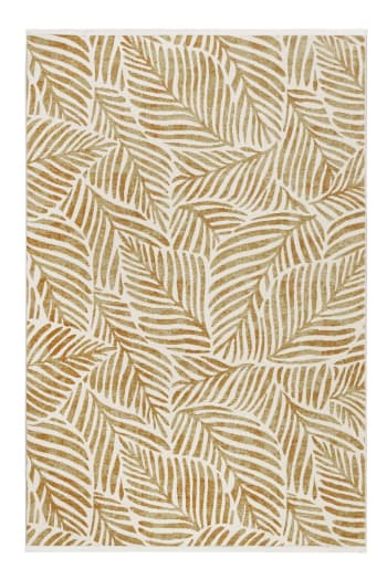 Victoria - Tapis tissé plat thème feuillage doré fond beige à franges 120x170