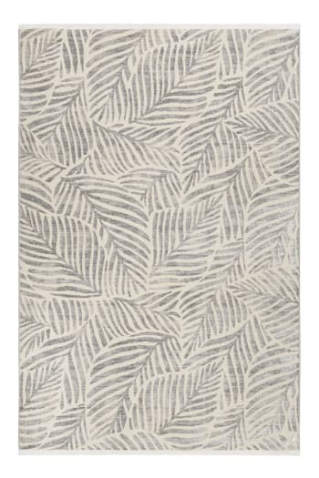 Victoria - Tapis tissé plat thème feuillage gris fond beige à franges 200x290