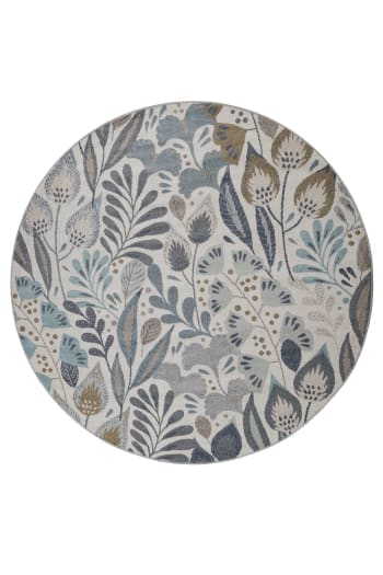 Lilly - In- & Outdoorteppich rund, blau beige, blumige Motive, Balkon 200 rd.