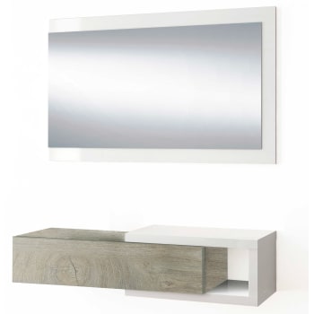 MOON - Recibidor con 1 cajón y espejo color roble/blanco, 95 x 26 x 19 cm