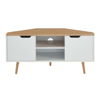 Lyna - Meuble tv d'angle   blanc et effet bois et chêne  2 portes 115cm