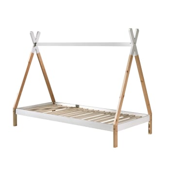 - - Lit tipi 90x200 sommier tiroir inclus beige blanc