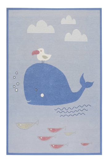 Whale buddy - Weicher blauer Kinder Wendeteppich mit Wal- und Sternenmotiv 100x160