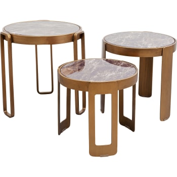 Perelli - 3 tables basses en verre effet marbre noir et acier cuivré