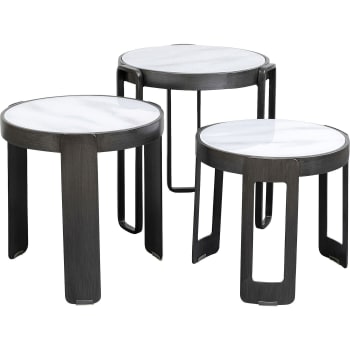 Perelli - 3 mesas de centro de cristal efecto mármol blanco y acero negro