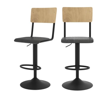 Clem - Set aus 2 verstellbaren Barstühlen, helles und schwarzes Holz, 60/80cm