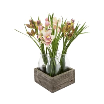 Dendrobium - Set de 4 vases avec orchidées artificielles rose et marron H34