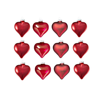 Noël - Lote de 12 bolas corazón decorativas de vidrio rojo d6
