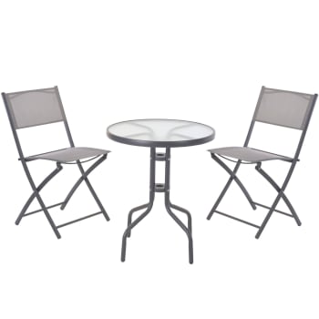 Set table + 2 chaises de jardin pliable en métal gris