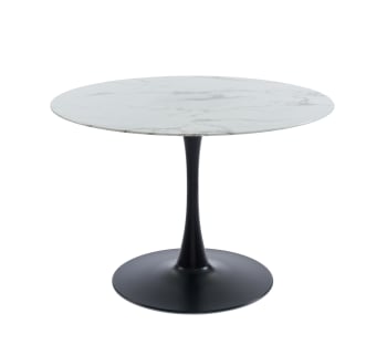 Monika - Table de séjour  verre effet marbre  ronde 110cm pied noir