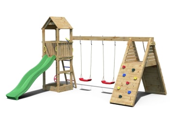 Fleppi - Aire de jeux avec balançoire double et mur d'escalade en bois marron