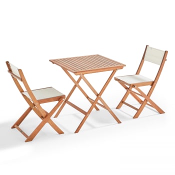 Sete - Mesa cuadrada 70 x 70 cm y 2 sillas plegables de textileno eucalipto