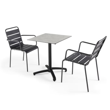 Opéra - Ensemble table de jardin stratifié beton clair et 2 fauteuils gris