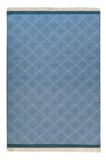 Cairo - Tapis plat tissé main pure laine vierge à franges bleu 130x190