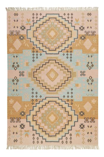 Mayenne - Tapis ethnique tissé main laine et coton multicolore pastel 130x190
