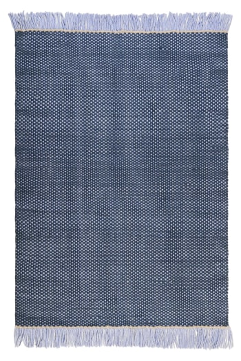 Casa - Tapis plat tissé main pure laine vierge à franges bleu 130x190