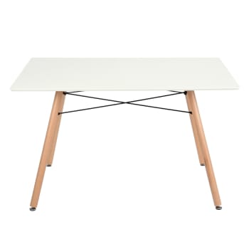 Mesa de comedor escandinava rectangular blanca con pie de madera110*70