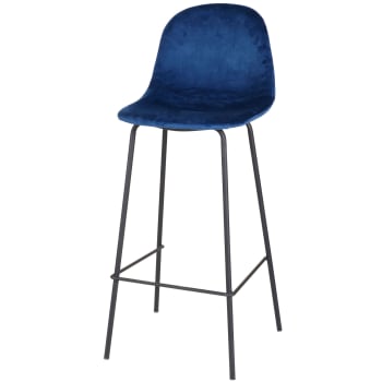 VELOURS - Tabouret de bar métal noir et assise velours bleu