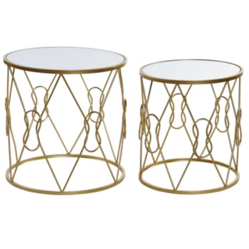 Set de 2 tables rondes métal doré et miroir - 50x50x51cm