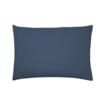 TENDRESSE - Taie d'oreiller unie en gaze de coton bleu de chine 50x75
