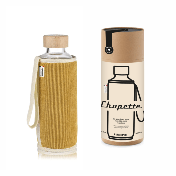 Chopette x Atelier Charentais - Gourde en verre recyclé isotherme avec housse moutarde