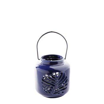 Leaf - Lanterna decorativa in porcellana blu scuro H12