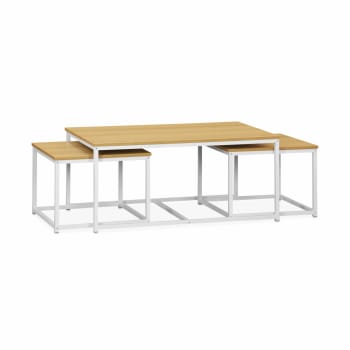 Loft - Lot de 3 tables gigognes métal blanc mat, décor bois