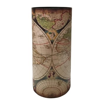 Paragüero redondo con mapa del mundo de mdf y lona marrón y blanco