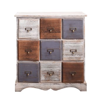 Mueble de almacenaje con 9 cajones de madera blanco, marrón y gris