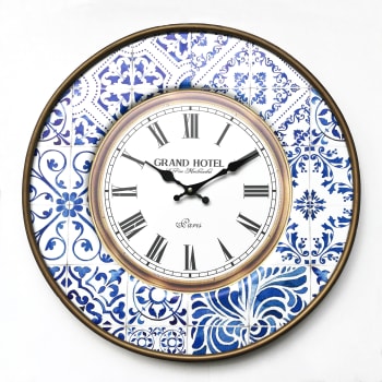 Horloge murale ronde en métal bleu et blanc majolique ø 50 cm