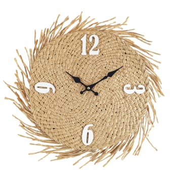 Reloj redondo de paja marrón y blanco D. 45 cm