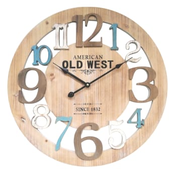 Reloj de madera tallada blanco marrón y azul D. 50 cm