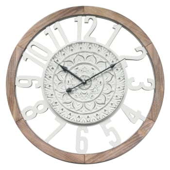 Wanduhr mit Schnitzereien aus Holz, weiß und braun ø 55 cm