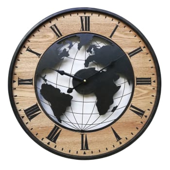 Reloj mapamundi de madera y metal negro y marrón D. 50 cm