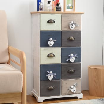 Cassettiera shabby chic con 4 cassetti in legno grigio e blu