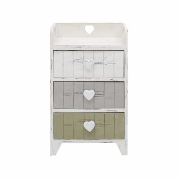 Comodino cuori con 3 casetti in legno bianco e beige e grigio