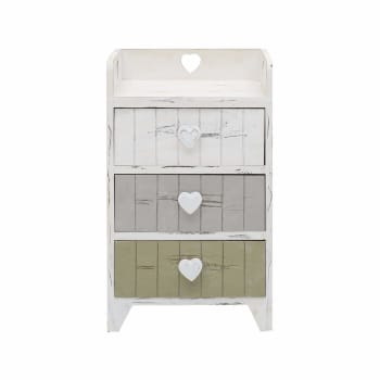 Table de chevet coeur avec 3 tiroirs effet bois blanc beige et gris