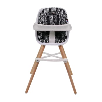Chaise haute blanche et hêtre coussin décor geometric 70's