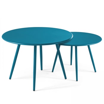 Palavas - Lot de 2 tables basses ronde en acier bleu pacific