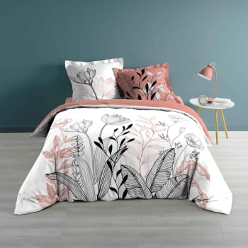 AMELINA - Parure de lit fleurs sur tiges coton rose clair 240x220 cm