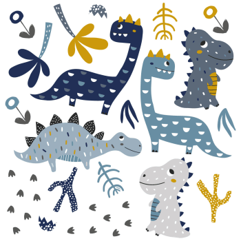 Dinos - Stickers muraux en vinyle dinosaures bleu et moutarde